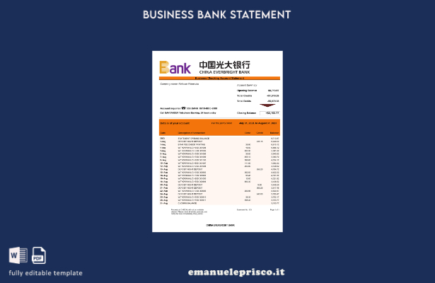 estratto conto aziendale in stile verificato China Everbright Bank Modello Word 